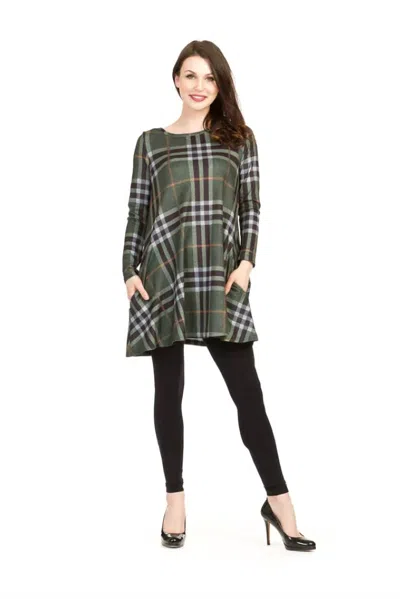 Papillon Plaid Swing Sweater Dress With Pockets In Green In Multi