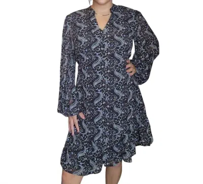 Papillon Printed Long Sleeve Dress With Tie Belt In Black In Grey