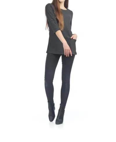 Papillon Rib Design Tab Sleeve Sweater With Pocket In Charcoal In Black