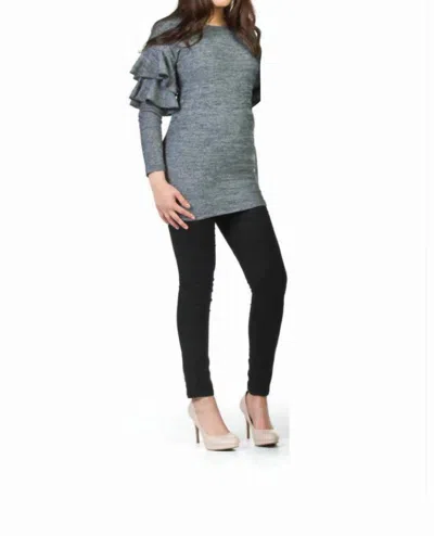 Papillon Ruffle Sleeve Detail Ribbed Sweater In Black In Gray