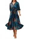 Papillon Satin Animal Print Pleated Dress In Blue Multi In Multi