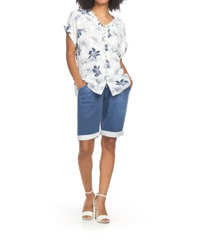 Papillon Short Sleeve Crinkle Floral Button Front Top In Navy In White