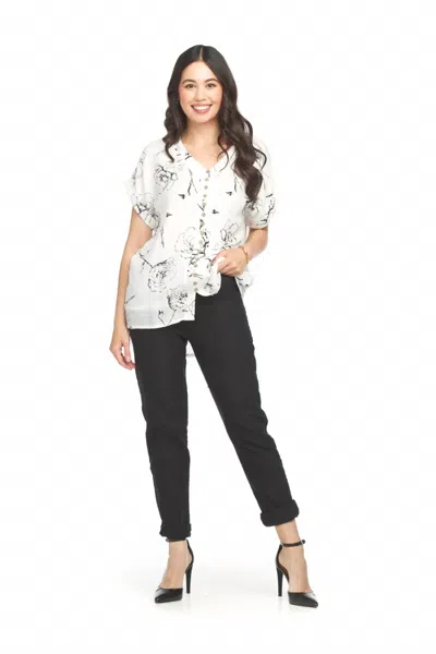 Papillon Short Sleeve Crinkle Floral Button Front Top In White In Multi