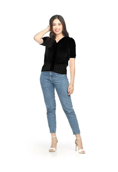 Papillon Short Sleeve Crochet Crop Sweater In Black