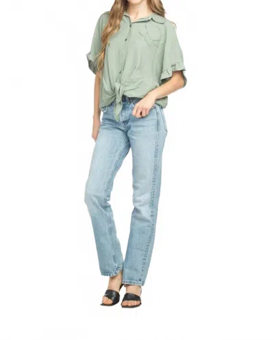 Papillon Short Sleeve Tie Top With Floral Detail In Khaki In Blue