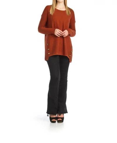 Papillon Side Button Soft Ribbed Sweater In Rust In Brown