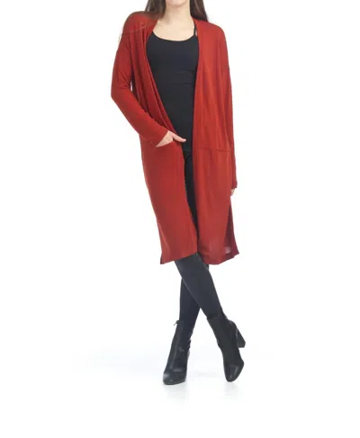 Papillon Side Slit Long Cardigan In Rust In Red
