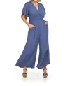 Papillon Smocked Waist Short Sleeve Wide Leg Jumpsuit In Blue In Blue