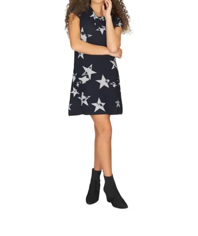 Papillon Star Print Short Sleeve Dress With Foldover Collar In Navy In Blue