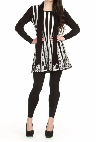 Papillon Stripe Dress With Floral Border And Scarf In Black In Multi