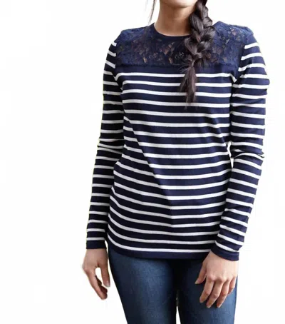 Papillon Striped Lace Yoke Top In Navy/ White In Blue