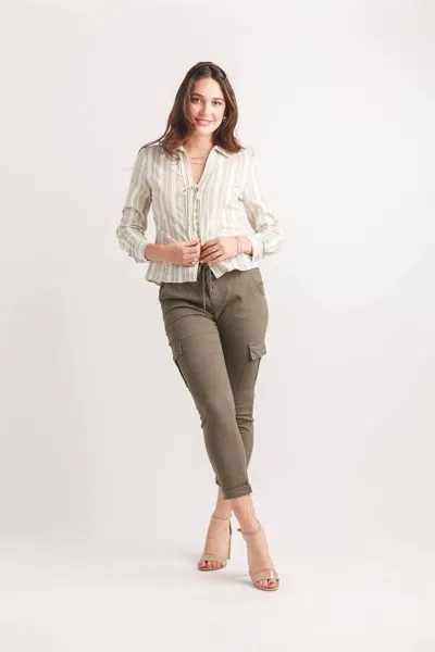 Papillon Striped V Neck Collared Top With Button Detail In Beige In Multi