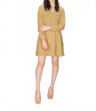 Papillon Striped Wrap Style Bishop Sleeve Dress In Mustard In Nude