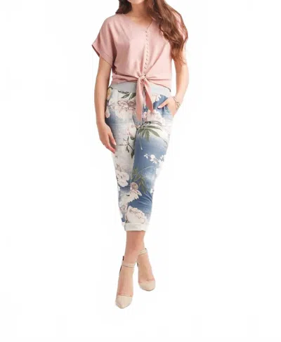 Papillon Textured Short Sleeve Button Tie Top In Pink