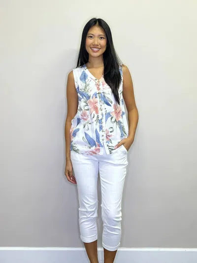 Papillon Tropical Printed Crinkle Sleeveless Blouse In White