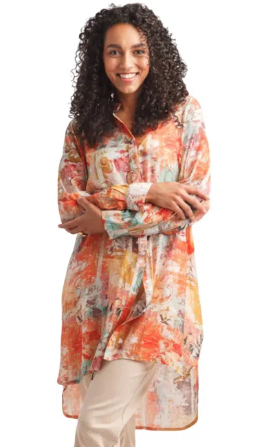 Papillon Vintage Floral Tunic With Tab Sleeves In Orange