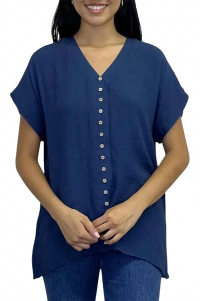Papillon V-neck Asymmetrical Crinkle Button Front Top In Blue