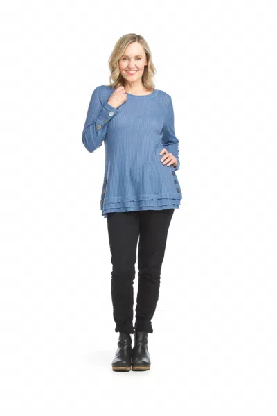 Papillon Waffle Top With Button Detail In Dark Blue Denim
