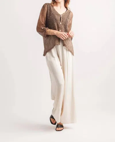 Papillon Wooden Buttons & Tab Sleeve Mesh Top In Brown