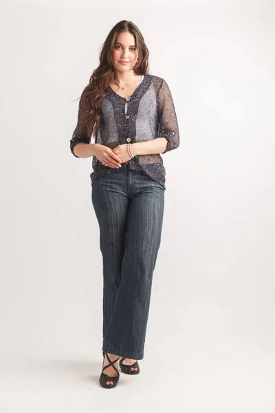 Papillon Wooden Buttons & Tab Sleeve Mesh Top In Navy In Blue
