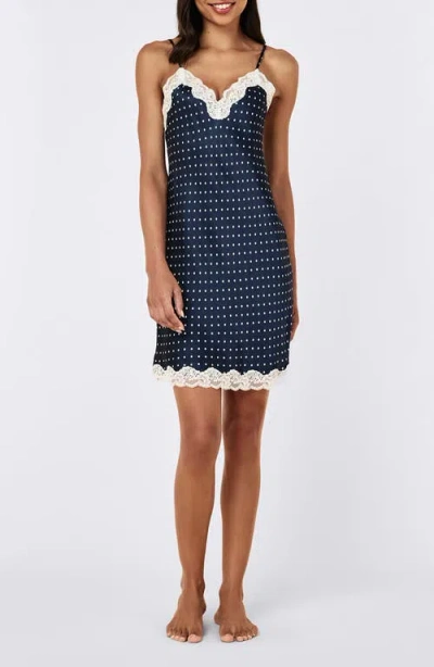 Papinelle Annabelle Lace Trim Satin Chemise In Deep Navy/mini Cream Spot