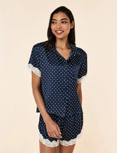 Papinelle Annabelle Satin Lace Boxer Pj Set In Deep Navy Mini Cream Spot