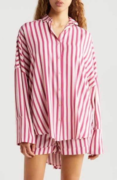 Papinelle Anniversary Stripe Long Sleeve & Short Pajamas In Mulberry/ Pink Stripe