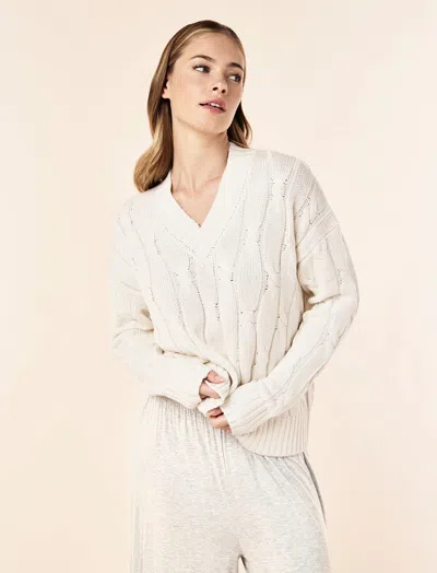 Papinelle Cotton Cashmere Cable V-neck Jumper In Neutral