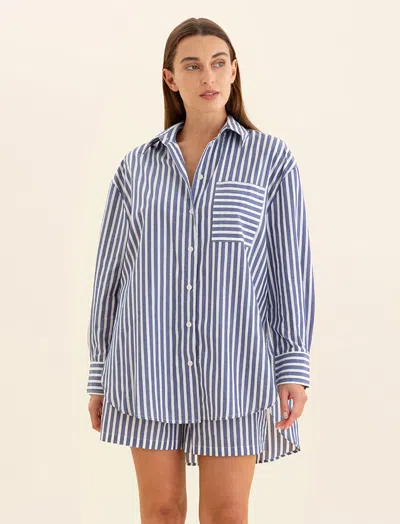 Papinelle Cotton Stripe Shirting Boxer Pj Set In Blue White Stripe