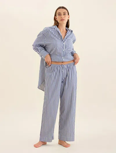Papinelle Cotton Stripe Shirting Full Length Pj Set In Blue White Stripe
