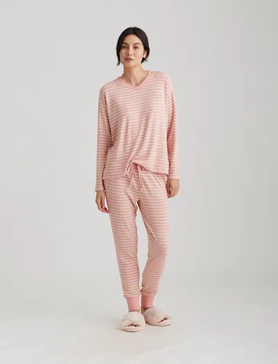 Papinelle Feather Soft V-neck Ls Top And Jogger In Pink/cream Stripe