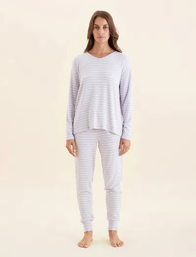 Papinelle Feather Soft V-neck Top And Jogger In Misty Lilac Stripe