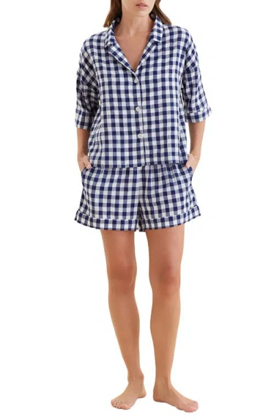 Papinelle Gingham Seersucker Short Pajamas In Navy/white