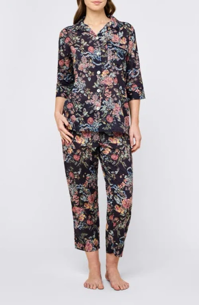 Papinelle Layla Floral Crop Cotton Voile Pajamas In Black