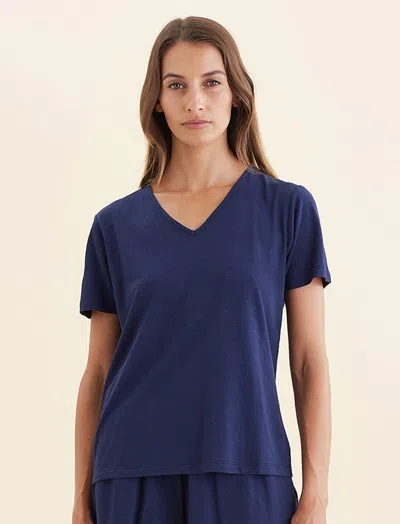 Papinelle Maya Linen Cotton V-neck Tee In Navy