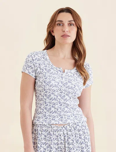 Papinelle Pippa Pointelle Short Sleeve Tee In Ecru French Blue Ditsy