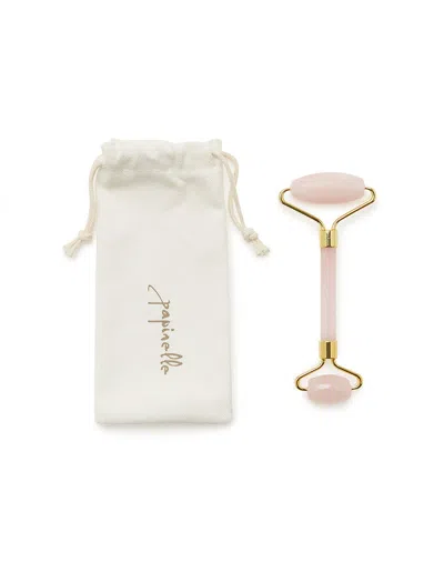 Papinelle Rose Quartz Face Roller In Drawstring Bag In White