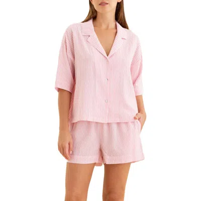 Papinelle Sabine Seersucker Stripe Boxer Short Pajamas In Wild Rose