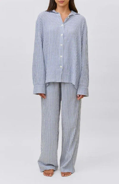Papinelle Sabine Seersucker Stripe Full Length Pj Set In Blue