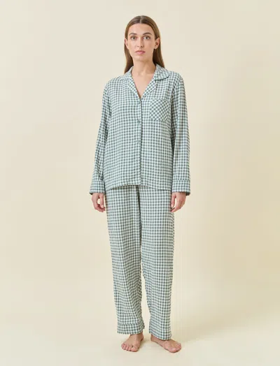 Papinelle Seersucker Gingham Full Length Pj Set In Deep Moss