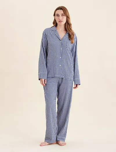 Papinelle Seersucker Gingham Full Length Pj Set In Navy / White
