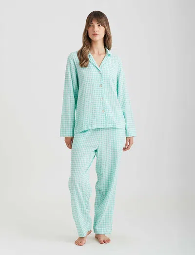 Papinelle Seersucker Gingham Full Length Pjs In Light Teal