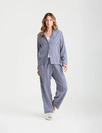 Papinelle Seersucker Gingham Full Length Pjs In Navy