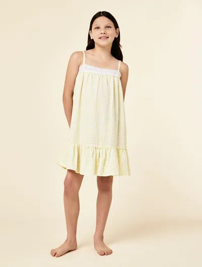 Papinelle Seersucker Gingham Girls Strappy Nightgown In Yellow