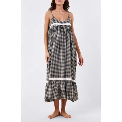 Papinelle Seersucker Lace Insert Maxi Nightgown In Black