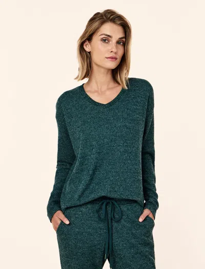 Papinelle Super Soft Waffle V-neck Long Sleeve Top In Green