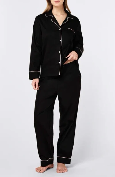 Papinelle Zoe Contrast Piping Cotton Sateen Pajamas In Black