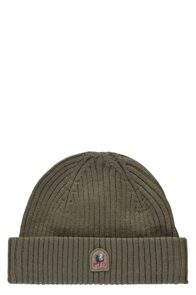 PARAJUMPERS OLIVE GREEN RIBBED BEANIE WITH LOGO