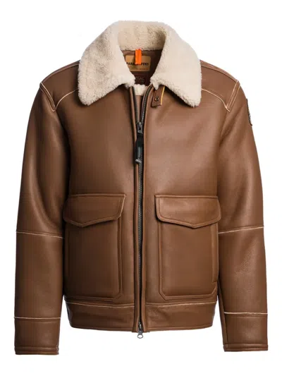 Parajumpers Shearling-collar Leather Jacket In Brown