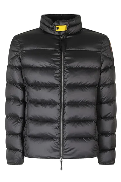 Parajumpers Short Puffer Jacket With High Neck And Yellow Drawstring In Gray